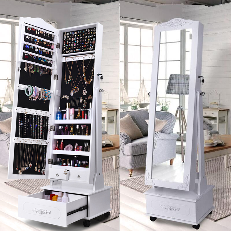 European Style Bedroom Rotating Wheeled Mobile Three Dimensional Carved Full Length Mirror Cabinet Home Jewelry Storage Dressing