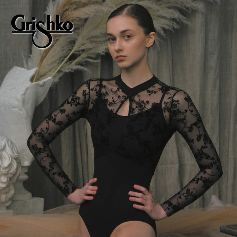 Grishko Russian imported ballet dance long sleeve print practice gymnastics jumpsuit can be inserted into the chest pad 3011
