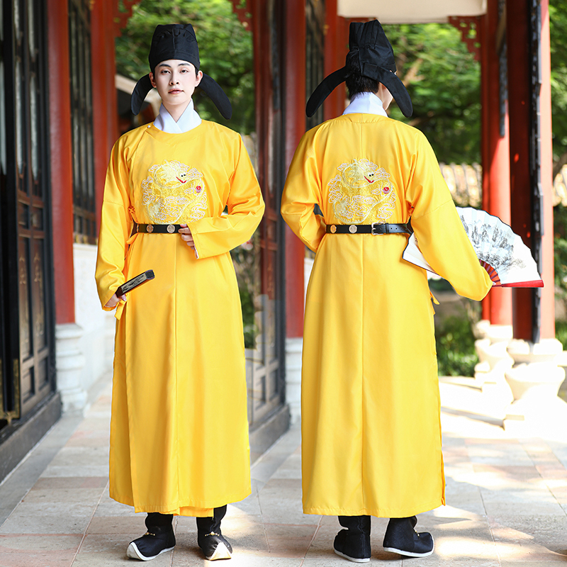In-Stock Hanfu Men's Imperial Dragon Robe, Tang-Style Reproduction, Round-Neck Robe, Yellow, Bold, Heavy Embroidery, Chinese Style, Ancient Style