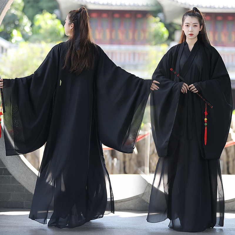 Hanfu Women's Summer Black Suit, Domineering Swordsman Style, Student Chinese Style, Large-Sleeved Shirt, Fairy Skirt, Elegant Dance Performance Costume