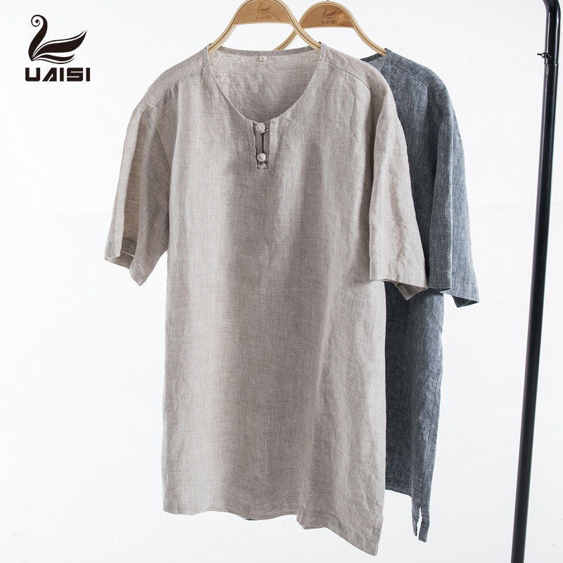 2021UAISI YouAsilk men linen shirt Chinese wind short sleeve casual treehead shirt loose with large size