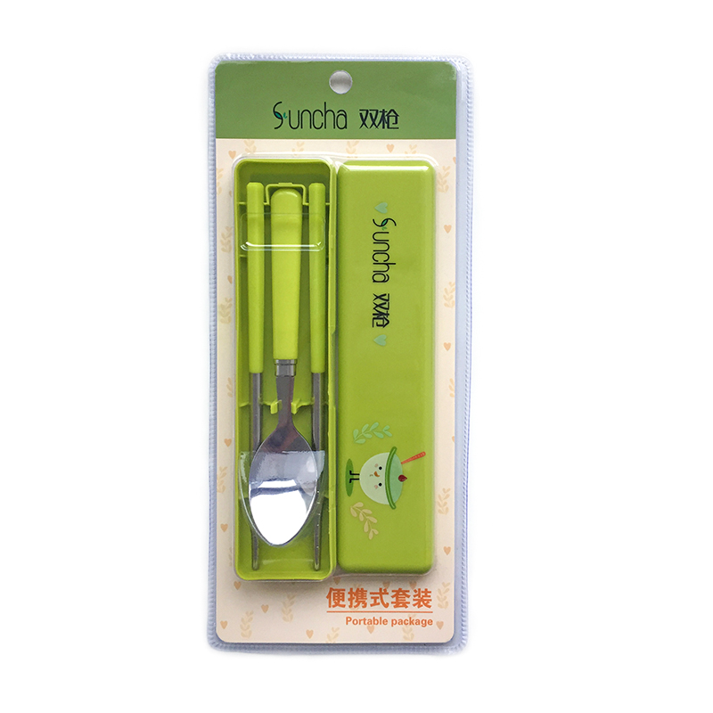 Double gun travel cartoon chopsticks spoon set Student adult out portable tableware 304 stainless steel chopsticks spoon