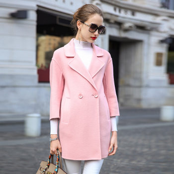 品牌清仓翻领呢子外套秋冬羊毛呢双面大衣女中长款粉色