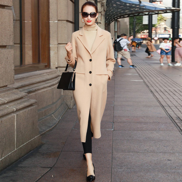 品牌断色断码清仓秋冬直筒西装领羊毛双面呢大衣女长款过膝