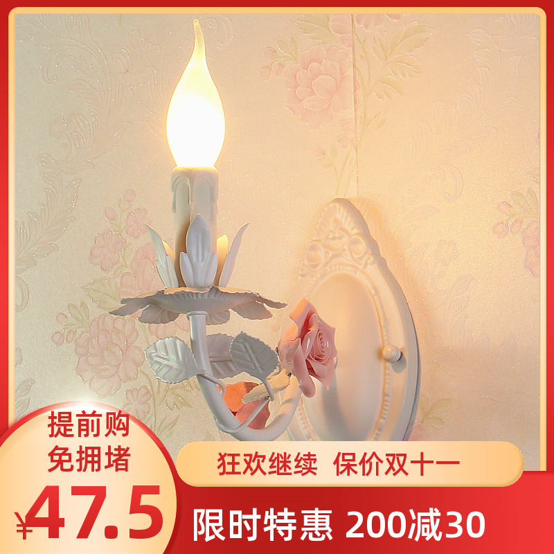 European style wall lamp creative pastoral wrought iron candle children's bedroom bedside lamp living room balcony staircase wall lamp mirror headlight