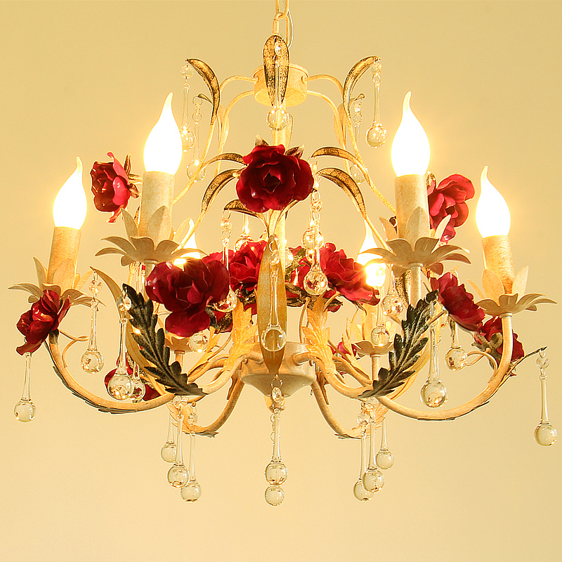 American pastoral chandelier retro style rustic wrought iron flowers living room dining room candle light European-style crystal lamp luxury