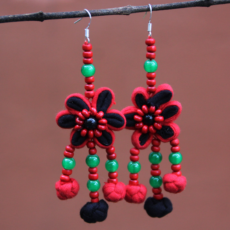 Ethnic style earrings female tassel earrings long version handmade temperament retro hypoallergenic fabric jewelry fashion flower earrings