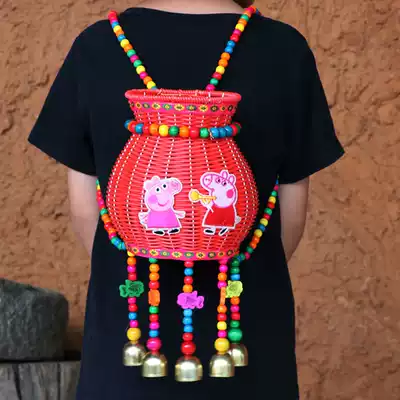 Ethnic style children bamboo basket embroidery Bell hand-woven photography dance props shoulder color tourism small bamboo basket