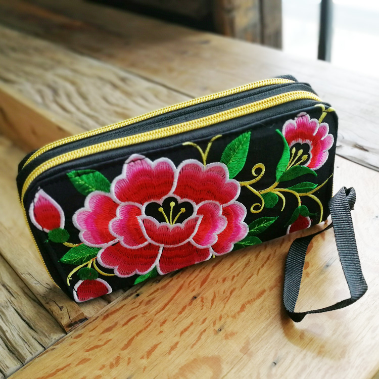 Yunnan ethnic style double-sided embroidery bag embroidery retro double zipper long version wallet wallet large-capacity female banknote clip