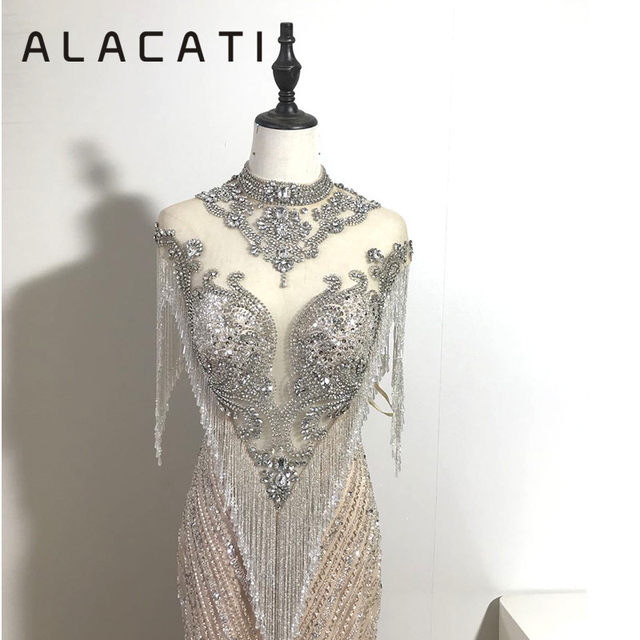 Alacati luxury high-end crystal tassel fishtail evening dress women's long slimming export Dubai dinner performance