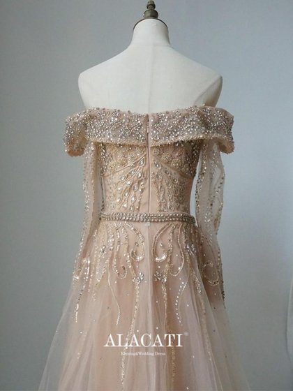 Alacati外贸新款高端奢华重工一字肩长袖长款鱼尾晚礼服女演出服