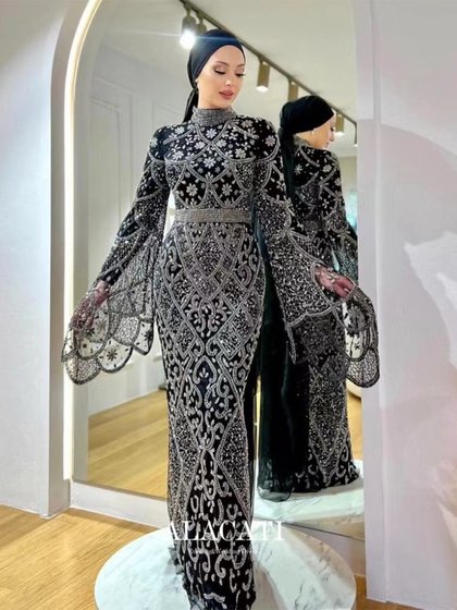 高端奢华重工立领优雅修身显瘦鱼尾晚礼服喇叭袖时尚晚宴出口迪拜