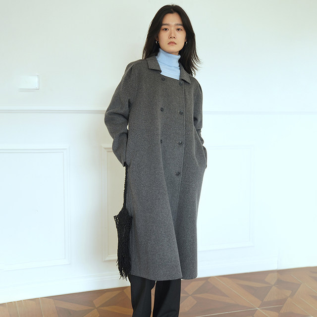 StudioFun mid-length 100% Australian wool double-sided cashmere coat for women spring and autumn H-shaped gray wool cape coat