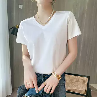 80 double-sided mercerized Xinjiang cotton short-sleeved t-shirt women's summer new pure cotton solid color loose round neck half-sleeved top