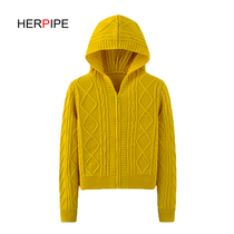 Autumn and winter New High waist short women fashion hooded zipper cashmere thick knitted cardigan coat small womens sweater