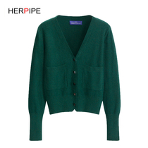 2021 Autumn Cashmere with pocket high waist knitted cardigan outer female v collar short long sleeve thin sweater small coat