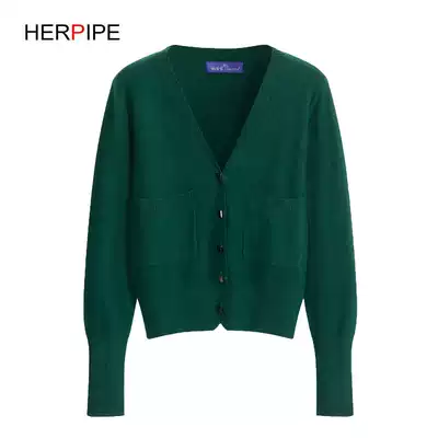 2021 Autumn Cashmere with pocket high waist knitted cardigan outer female v collar short long sleeve thin sweater small coat