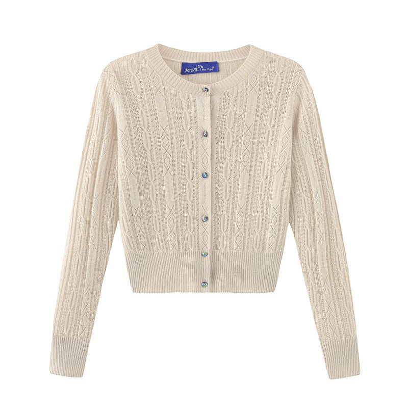 Spring 2022 Pure Color Cutout Crew Neck High Waist Short Knitted Open Body Sweater Jacket Thin Cashmere Cardigan Woman