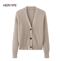 2021 autumn and winter New draw thick v-collar sweater buckle female Joker small coat high waist short cashmere sweater women