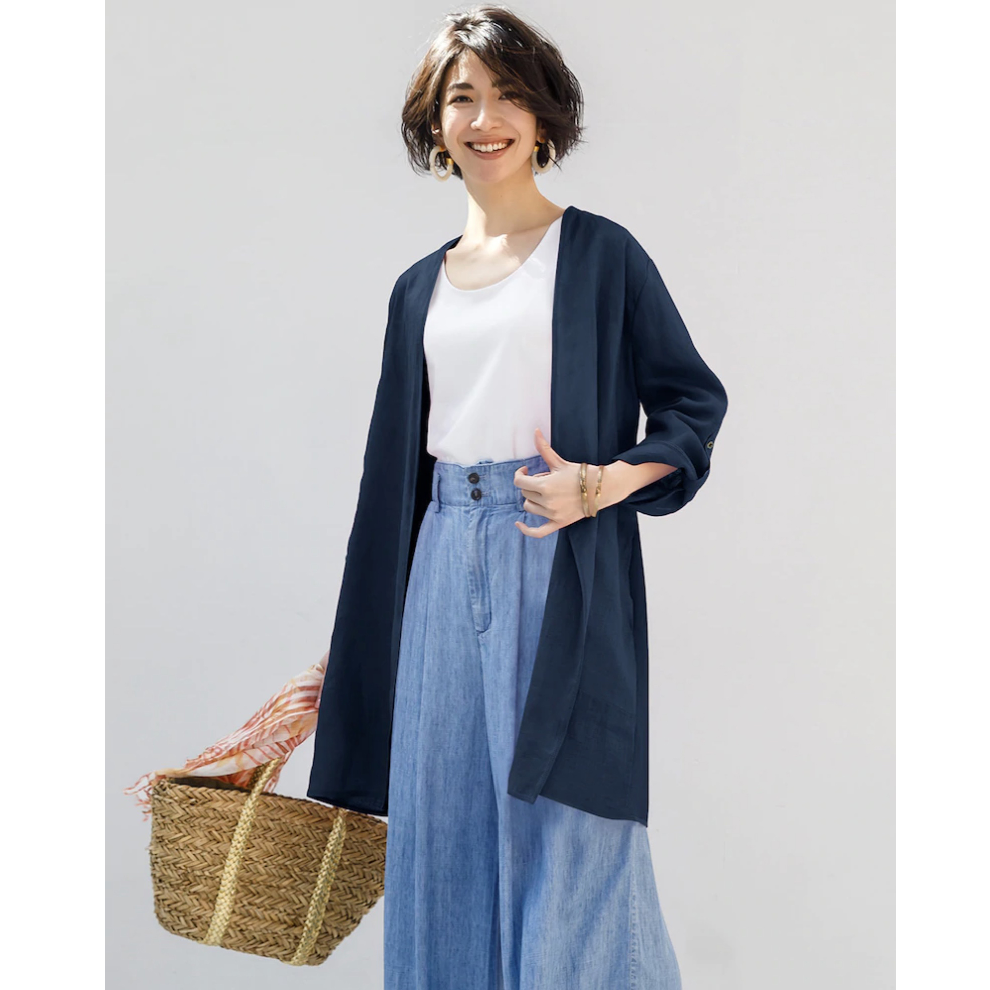 IOO% French linen high-end shopping mall quality has large size female Japanese medium and long temperament casual cardigan coat