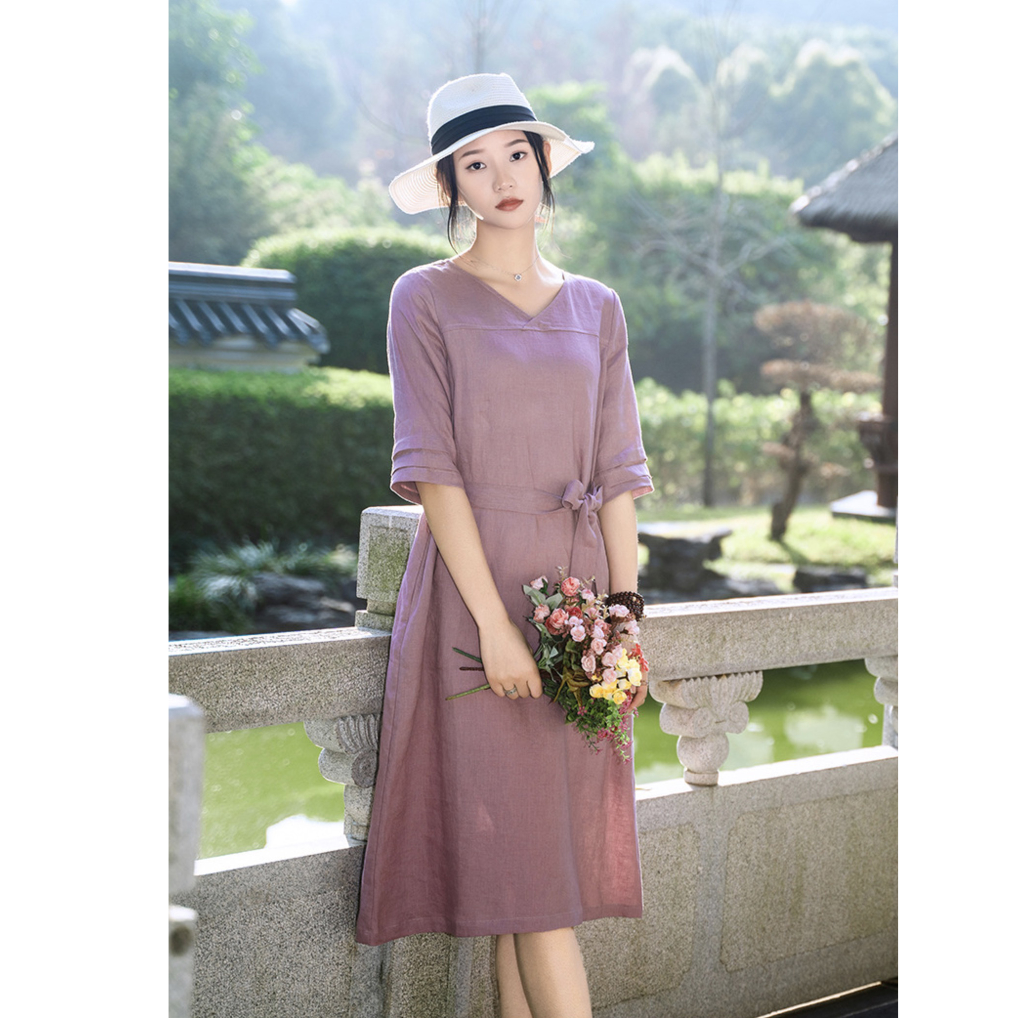 Sunshine Cabin Summer New Ladies Japanese Leisure Solid Color Linen Waist Skinny Dress