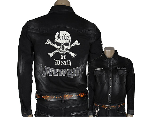 Spot Korean embroidered skeleton personality denim dark blue Harley Indian Knight shirt locomotive man