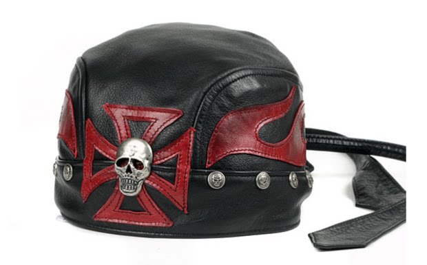 New personality adjustable cowhide flame skull Harley Indian knight hat leather hat hood scarf motorcycle retro