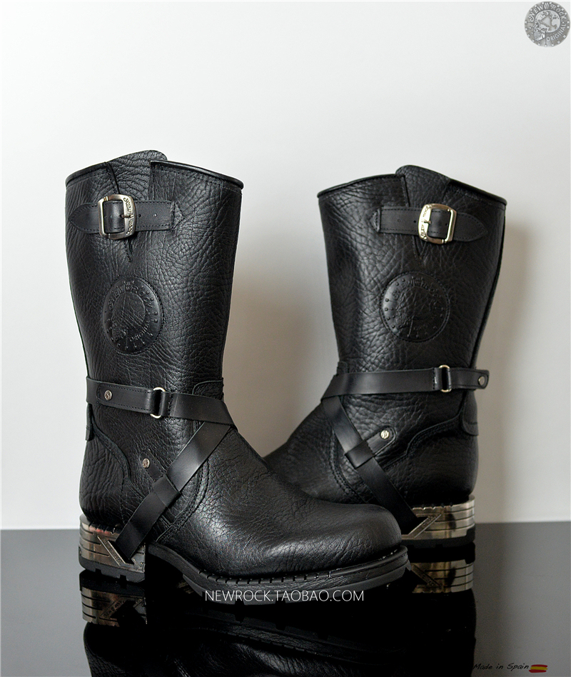 New NEWROCK leather handmade Indian Harley locomotive high-barrel riding boots leather boots Black