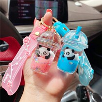 Creative cute panda milk tea cup floating bottle keychain girl heart pier quicksand backpack pendant bag ice and snow ornaments