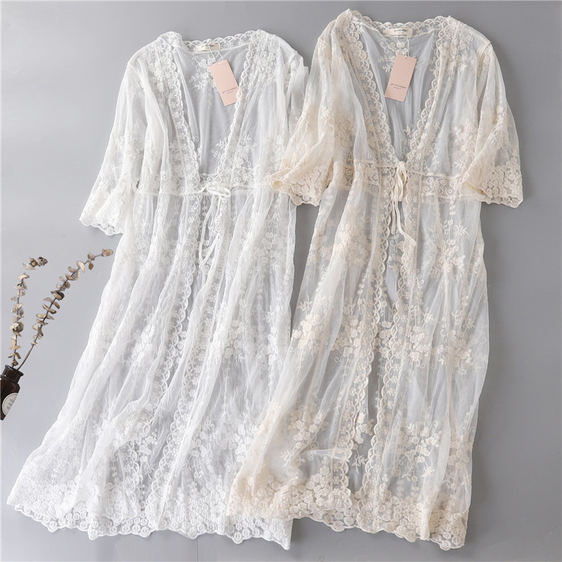 2026 Summer New Style Mesh Lace Pure Cotton Embroidered Mid-Length Waist-Tie Sun Protection Cardigan Outerwear for Women