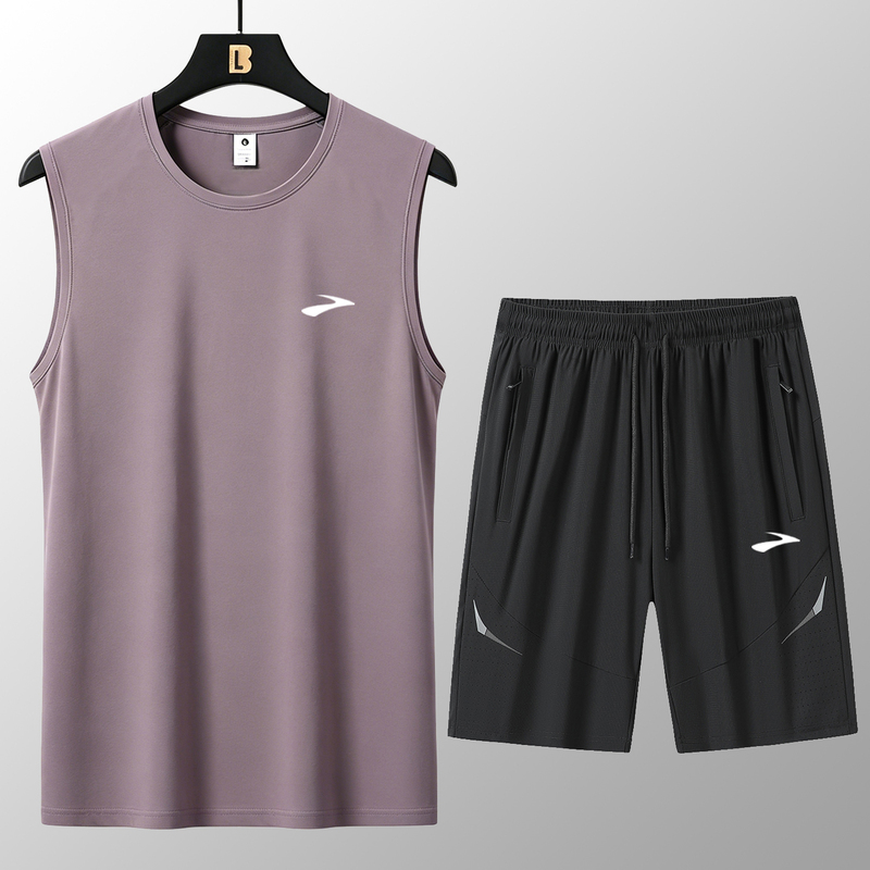 Summer Brooks Sports Vest Shorts Set for Men, Youth Ice Silk Quick-Drying Running Morning Jog Outfit
