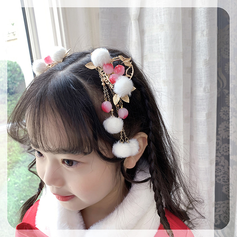 Natural Hair Accessories Girl 2021 New Gufeng Fairy Qi Little Girl Head Accessories Fluor Fur Balls Children Hair Clip