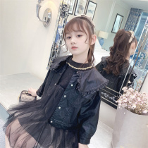 Girls Leather Clothes Spring and Autumn 2021 New Fashion Korean Girl Lapel Lace Black Top Children Jacket Jacket Jacket