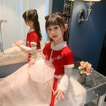 Hanfu girls suit 2021 autumn new red Tang dress Chinese style ancient dress super fairy long sleeve childrens dress