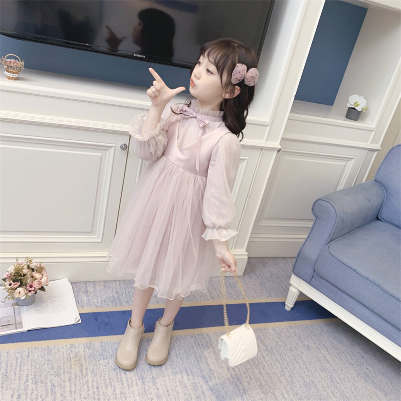 Girls Autumn Dress 2021 New Exotic High-end Puff Sleeves Girls Puff Skirt Pink Kids Princess Dress