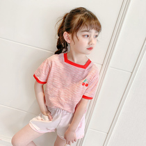 Girls T-shirt summer 2021 New Fashion cartoon cute red stripe little girl Top children short sleeve short
