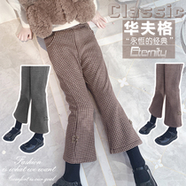 Girl Bell pants 2021 autumn and winter New Fashion foreign style waffle pants plus velvet childrens casual pants