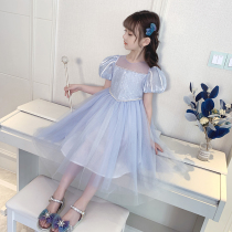 Girls mermaid princess skirt bubble sleeve foreign blue 2021 new little girl skirt childrens summer dress