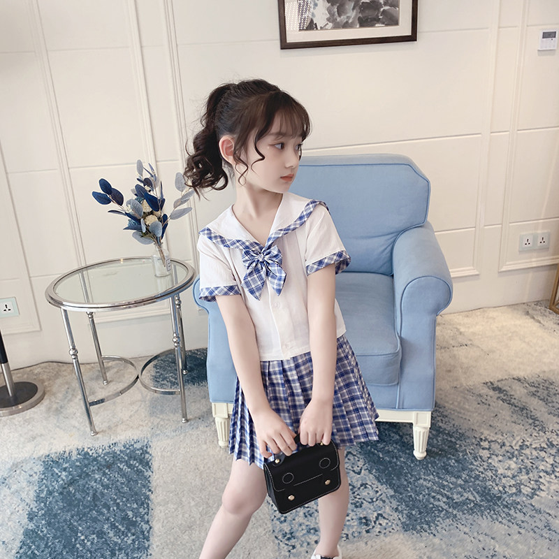 Girls' college style set summer 2021 new fashion navy collar short sleeve T-shirt children's skirt two-piece summer