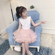 Girls T-shirt sleeveless summer white 2021 New Korean fashion kids lace top childrens vest thin