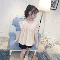 Girls T-shirt summer fresh 2021 new fashion foreign style lace shirt skirt wooden ear children short sleeve summer