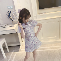 Girls cheongsam dress purple 2021 New Chinese style mesh improved floral skirt catwalk childrens summer dress