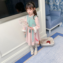 Hanfu girls Tang dress 2021 new Chinese style plus velvet baby costume super fairy embroidery new Years clothing childrens suit