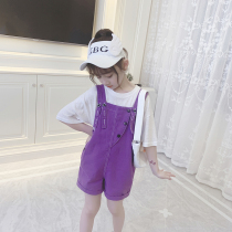 Girls set summer braces 2021 new fashion foreign style purple suspenders short sleeve children sweet cool two-piece summer