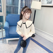 Girls Knitted Sweater Spring and Autumn 2021 New Korean Academy Style Little Girl Lapel Sweater Children Pullover Sweater
