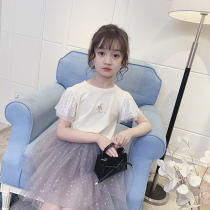 Girls summer clothes T-shirt sequins 2021 new foreign style pink bubble sleeves jacket fashion children short sleeves Net Red Summer