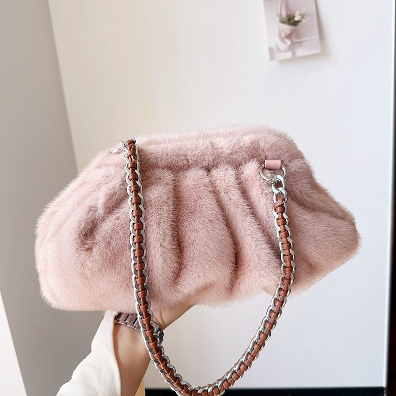 High-End Furry Bag, Imitation Mink Fur Pleated Cloud Bag, Autumn and Winter Chain, Autumn and Winter Light Luxury Underarm Bag, Single Shoulder Women's Bag