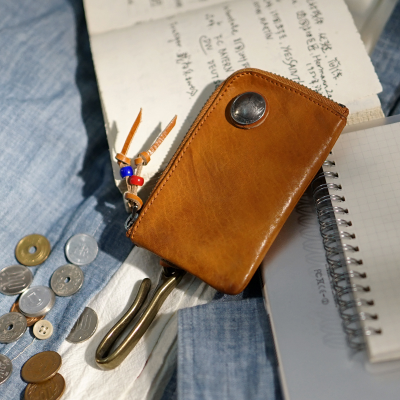 Japan and South Korea retro creative handmade cowhide leather car remote control key bag men and women zipper change coin bag