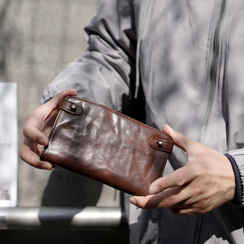 New 2020 retro handmade top layer soft sheepskin genuine leather long section large capacity casual money couple black coffee men's style