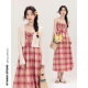 Original design by Ouyang Xi <Strawberry Heart> Spring red plaid suspender long skirt slimming high waist dress suit